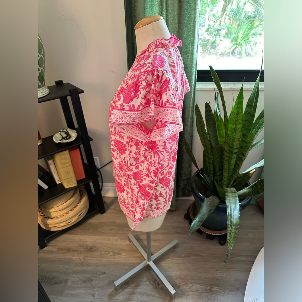 La Plage Ruthie Ruffle Top, Pink Bird - Picture 7 of 8